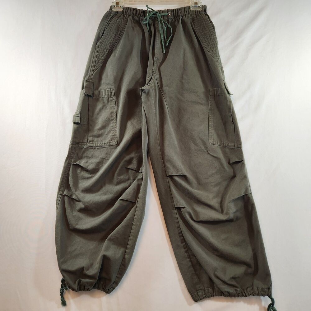 Green Cargo Parachute Pants Elastic Drawstring Waist Side Pockets Size Med